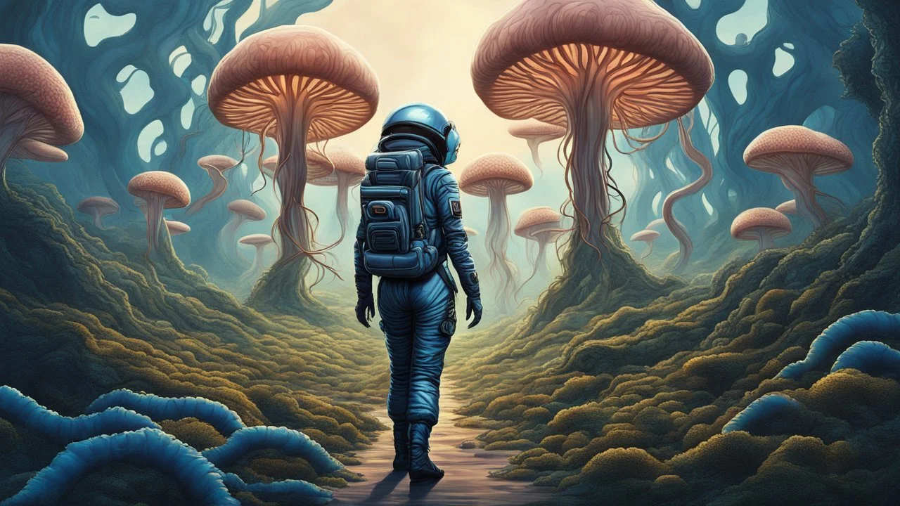 woman with black hair, in a tight spacesuit, without a helmet, walking through Alien mushrooms with jellyfish tentacles in an alien forest, photorealistic, Deep Colour, Intricate Detail, sunshine, blue sky