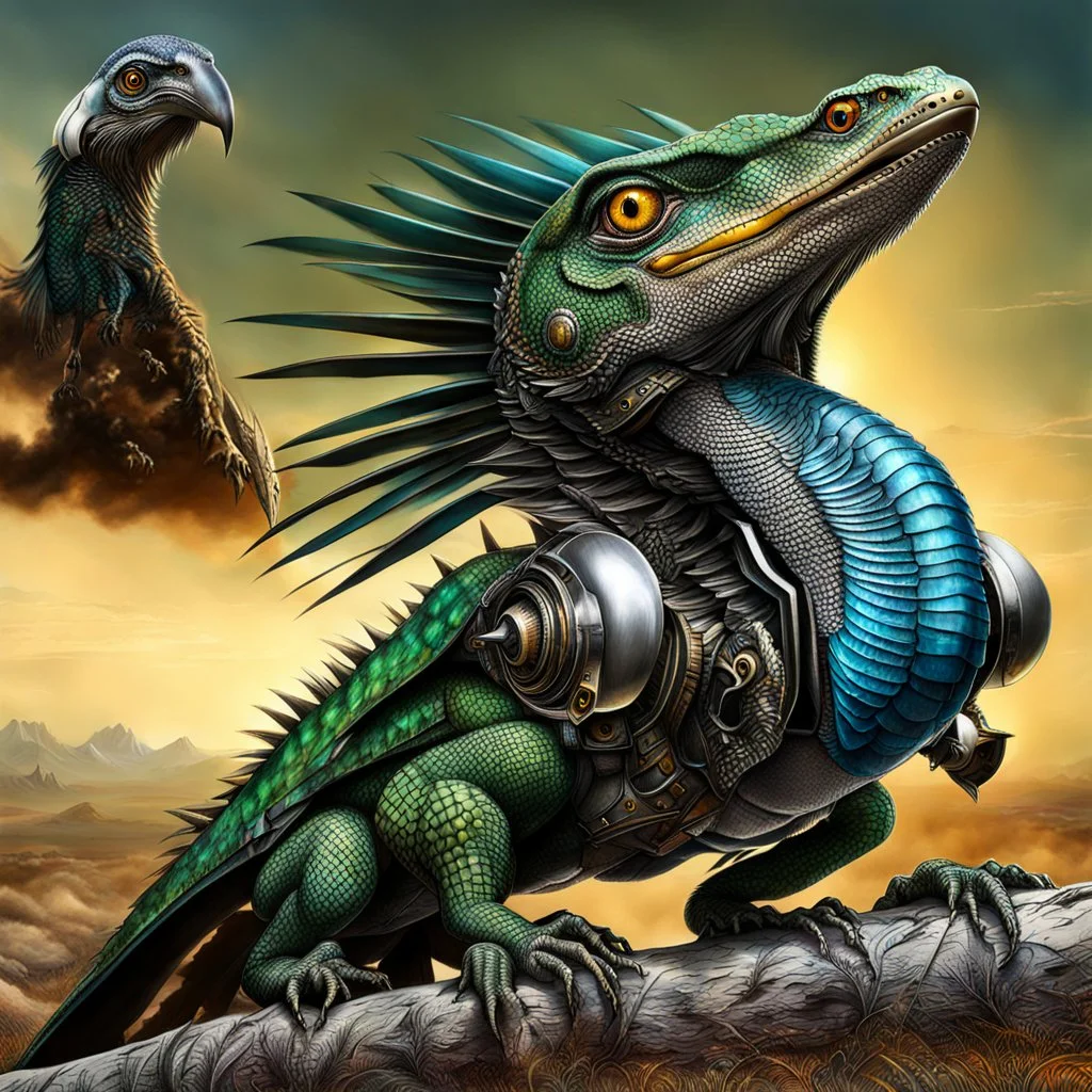 Lucky Stryker, Jet eagle lizard hybrid, biomechanical surrealism,