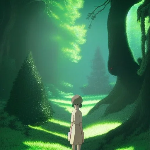 Ghibli, forêt, scintillant, très detaillé, créature mysterieuse