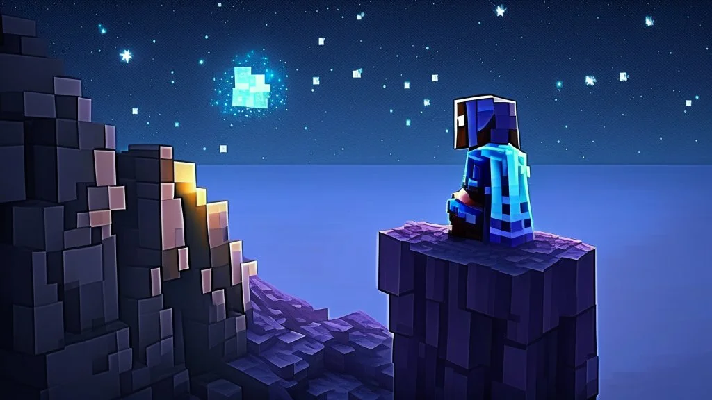 Minecraft Character, minecraft theme, purple starry sky, meditating, facing back, wearing gown, minecraft style, in between two cliffs,