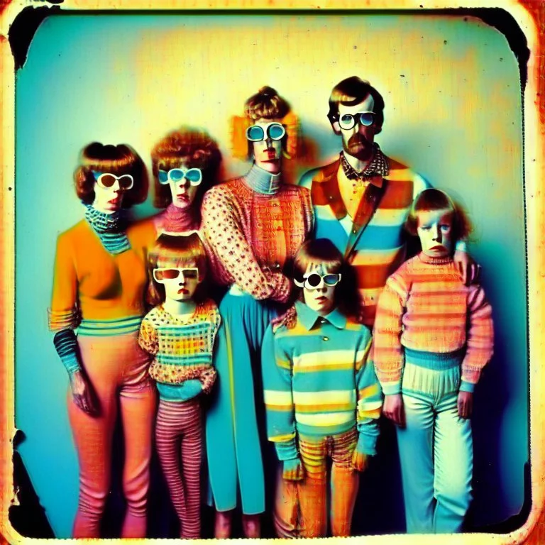 awkward family photo, all wearing the same type of clothes, 1980s, polaroid colors, scratches and dust on photo, kandinsky