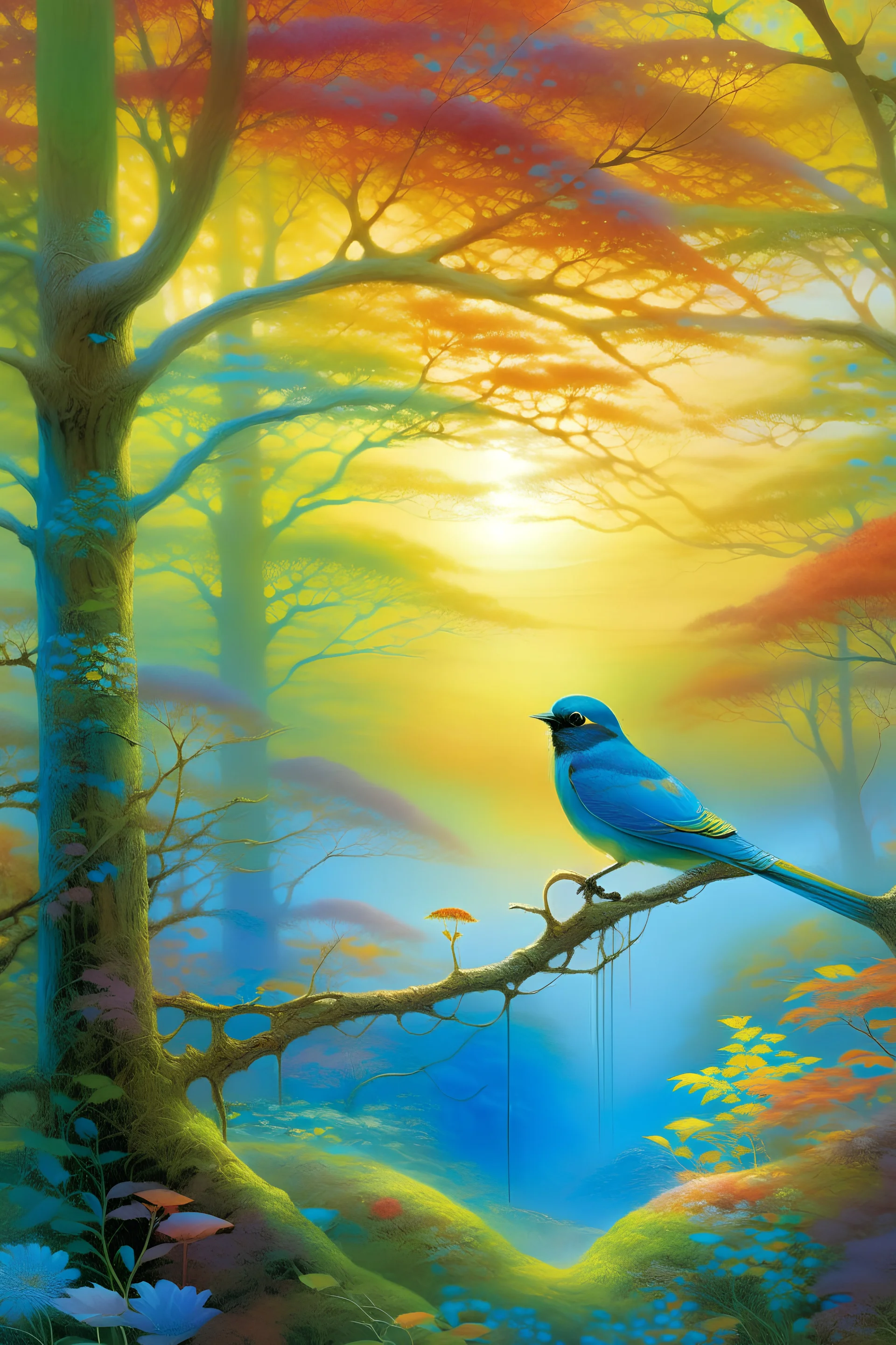 The trees, adorned with glistening morning dew, bathe in the soft hues of the sunrise. A symphony of vibrant bird species emerges, their feathers reflecting a myriad of colors. In the center of the scene, Pip, the little songbird, perches on a branch, captivated by the enchanting beauty of the awakening forest.