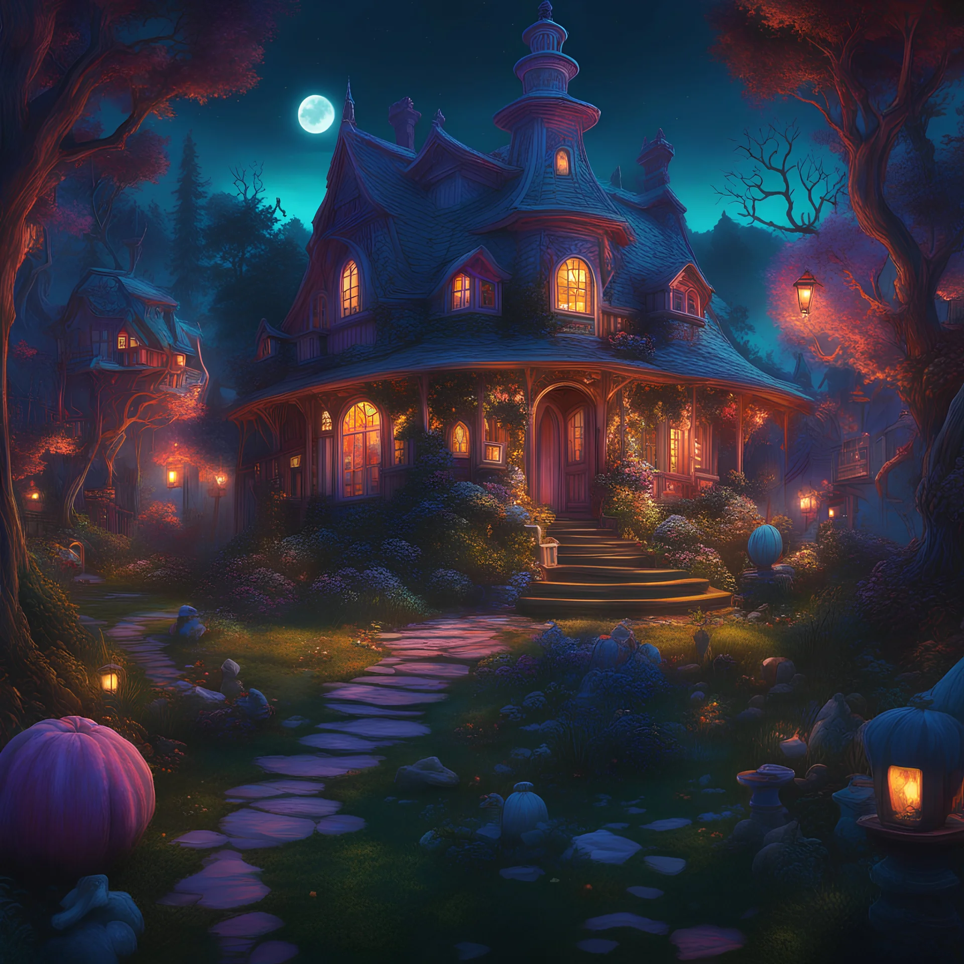 Alice in spookyland, Blended Background ,,colorful8k resolution concept art, Greg Rutkowski,SIXMOREVODKA, pastel color, Nighttime Lighting, digital illustration, 4K, Hyperdetailed, Intricate Details, 3D shading, Art of Illusion