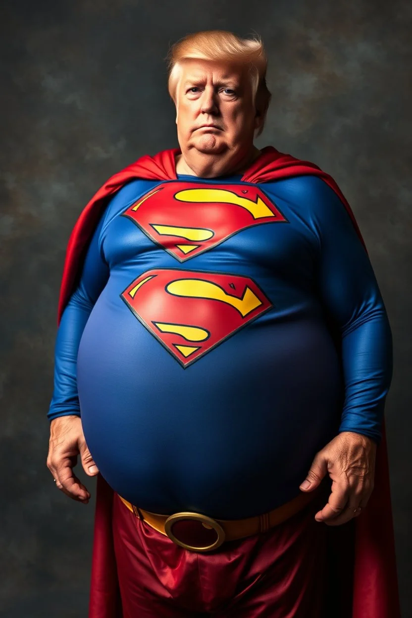 a thoroughly confused, frail, elderly and obese donald trump standing dressed as superman