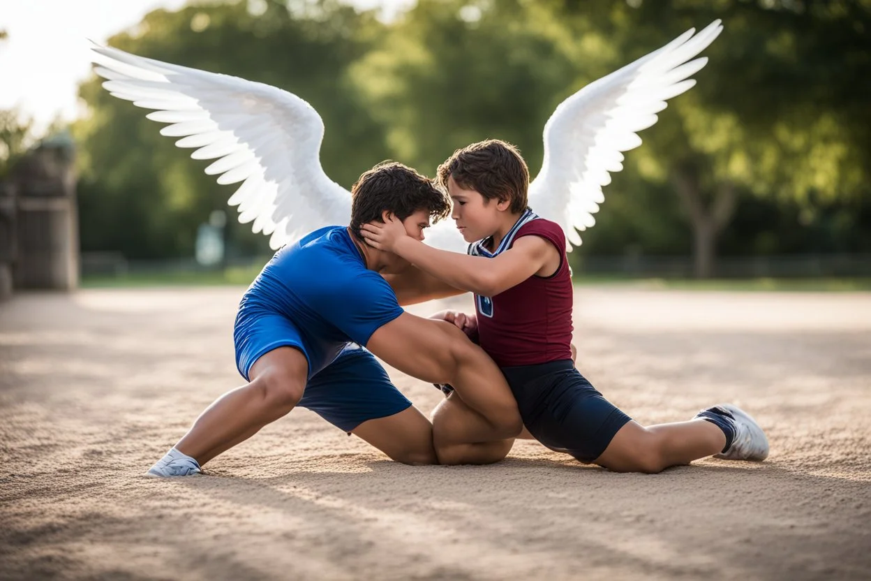 Jacob wrestling with angel. Create a highly photorealistic image captured with a professional full-frame DSLR or mirrorless camera, using a prime lens with a wide aperture in natural lighting conditions. The lens is 50mm. The aperture is f/1.4.