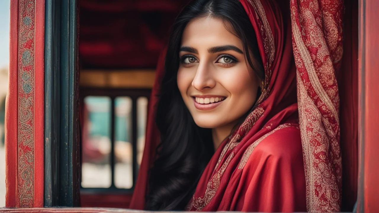 Hyper Realistic Photographic Close View Of A Beautiful Pakistani Pashto Young Woman Peeking Outside From A Traditional Pakistani Buss's Window, Woman Is Smiling, Have Beautiful Eyes & Beautiful Long Black Hair Whirling From Outside Window (Wearing Red Dress With Maroon Embroidery & White Dupatta) At Beautiful Sunny Day Showing Dramatic And Cinematic Ambiance.