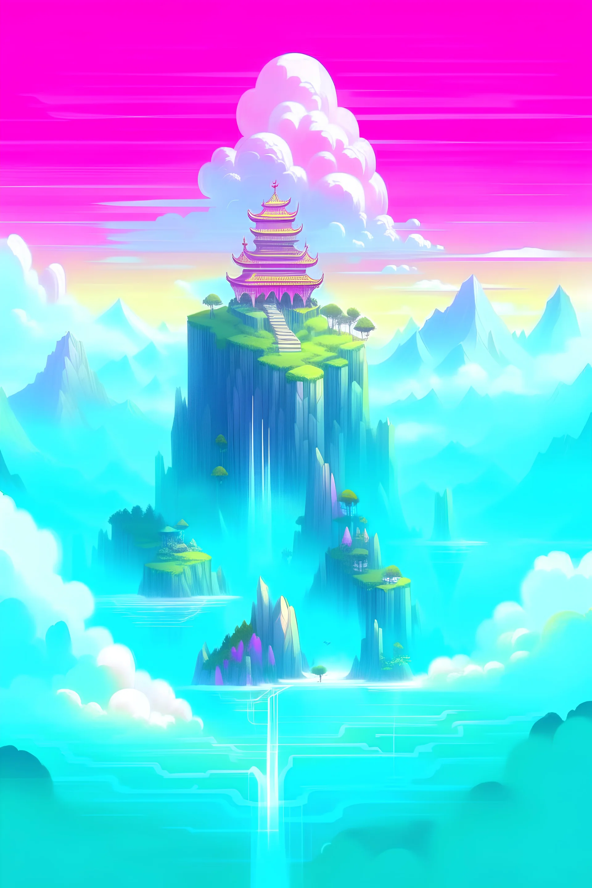 A serene mountaintop temple hidden amidst the clouds, overlooking a vast landscape with floating islands and waterfalls, evoking a sense of spiritual tranquility, Illustration, digital art with soft pastel colors