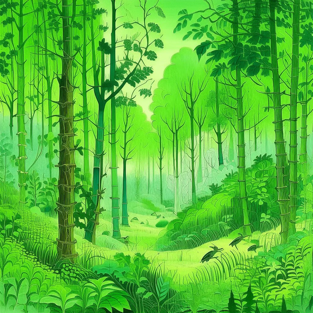 A green forest with insects designed in Chinese paper art painted by Alfred Sisley