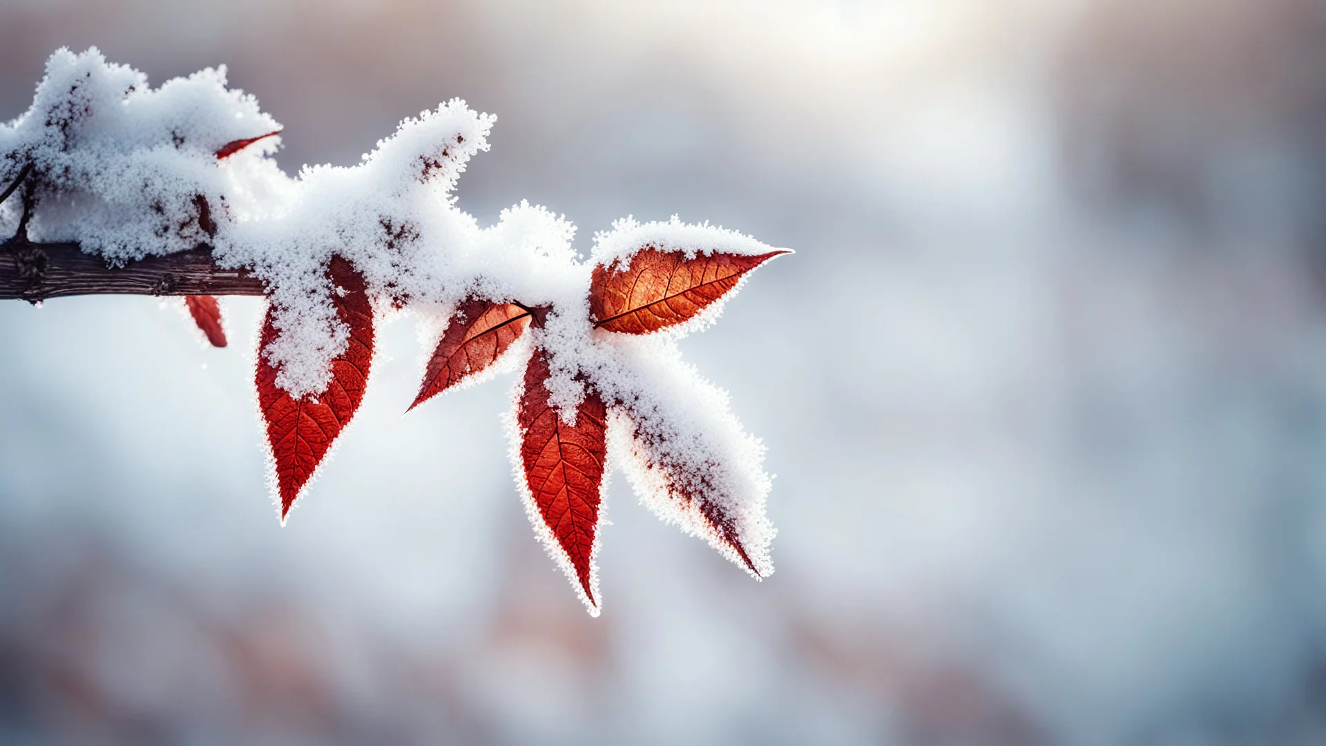 Winter nature background. Frozen branch with leaves