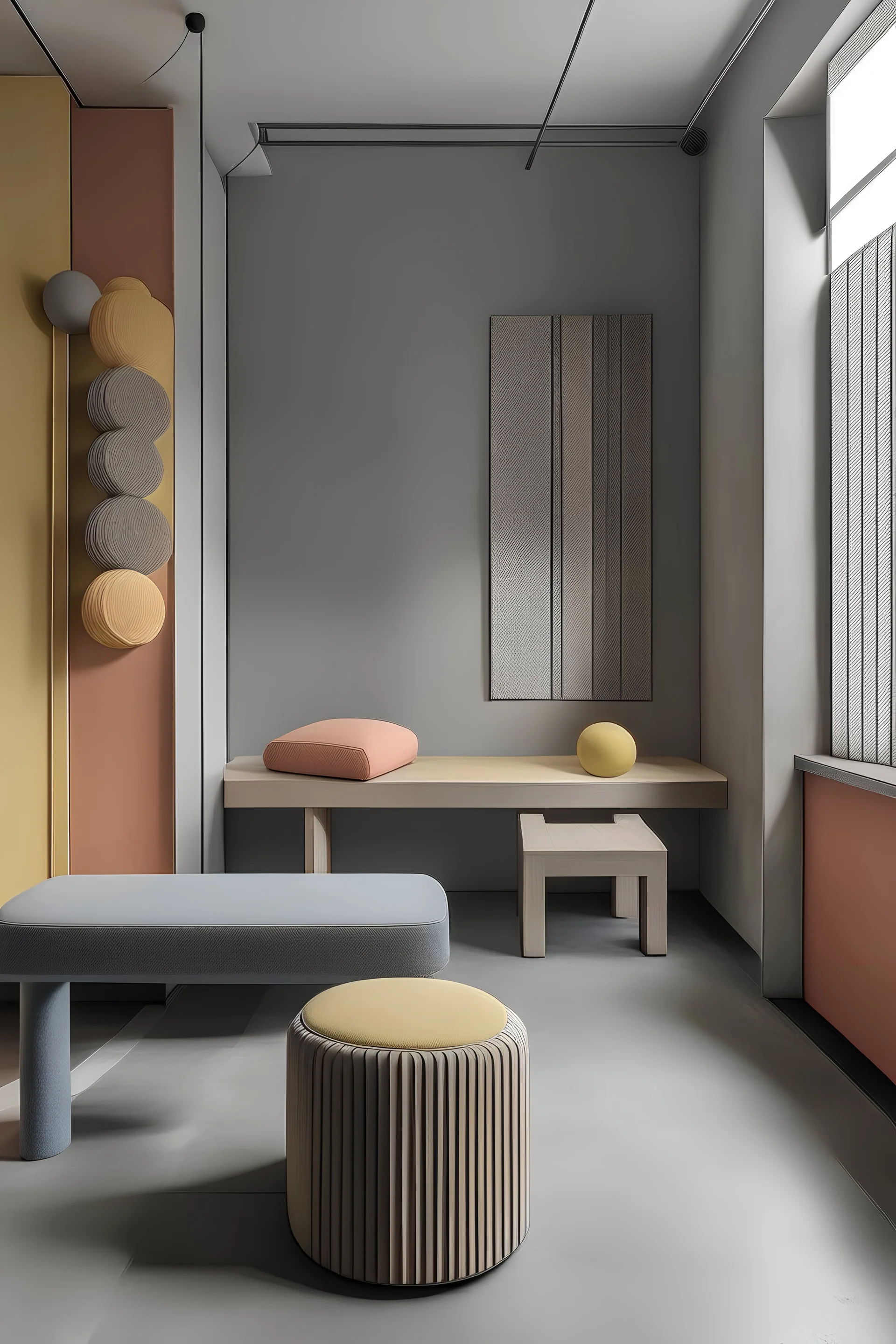 Textile furnishings design with muted colors and simple decorations inspired by the brutalist school