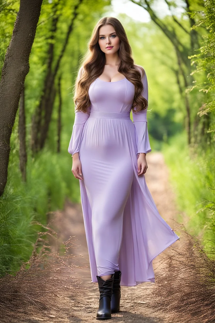 full body standing beautiful 20 year old girl with ash brown hair and blue eyes with her long hair down,curvy body ,pretty boobs, wearing a sleeved shirt and nice sarifon dress, and lilac long leggings, with long black boots full body shot,country side among trees