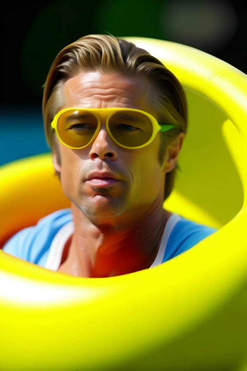 brad pitt sitting in donut swim ring with goggles on