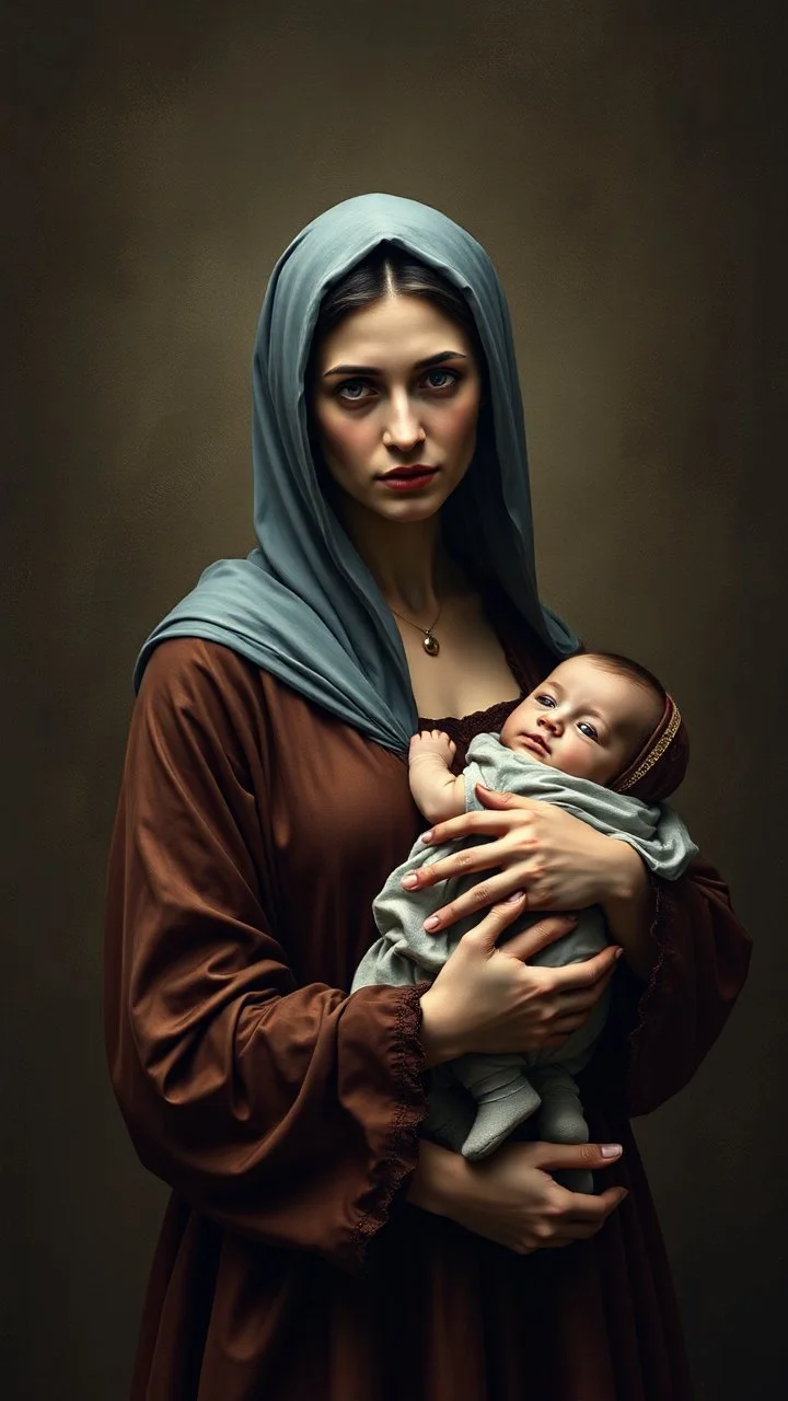 create a sad woman holding her baby woman is from the royal treasury in dark shades (brown, blue)