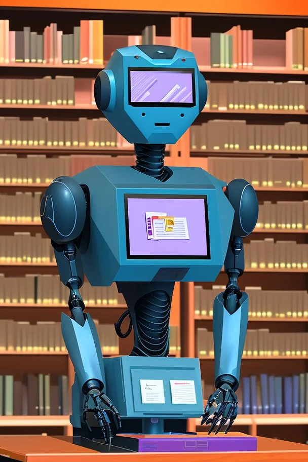 The library is serviced by computers, and there are many books on the shelves. The robot sits at the table and searches for books in the catalog in the computer Expression. High-quality drawing, 8K