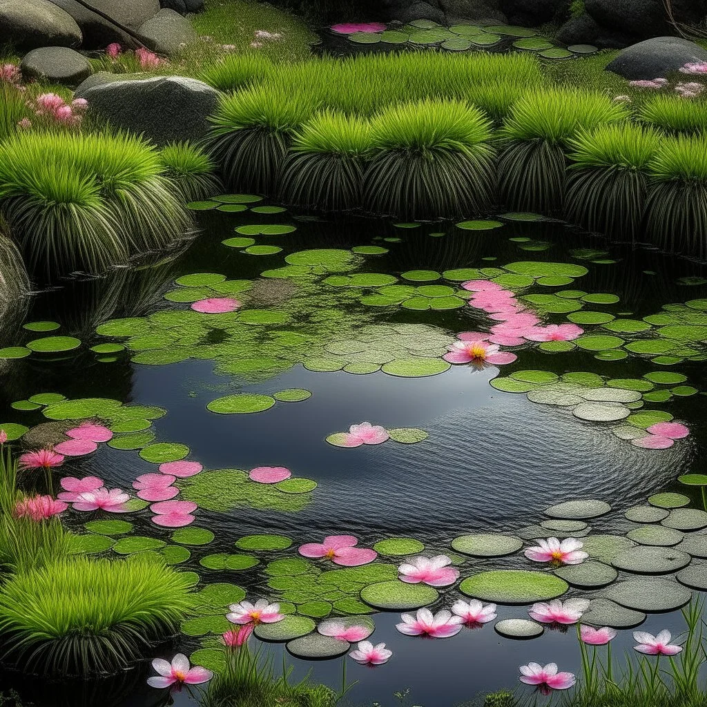 Round pond with lots of water, moss-covered stones all around and the water has a delicate pink shimmer, a few delicate pink flowers on the stones and a small waterfall