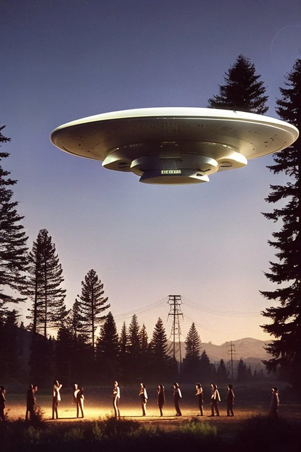 a group of school kids see a saucer shaped ufo::25 flying over tall pine trees, near a high voltage powerline with (three lights underneath) and lots of lights all around the edge, the year is 1966 in color, concept art, by Asaf Hanuka, by Weta Digital, Electric Colors, Screen Space Global Illumination, in a symbolic and meaningful style