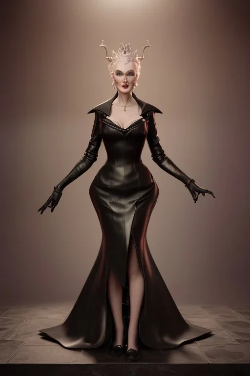 Carmen Dell`orifice as evil queen in black leather gown, angry, busty, curvey, cleavage, unreal 5, octane render,cinema4d, dynamic lighting, dramatic lighting, 4k, redshift render, highly detailed, hyper realistic