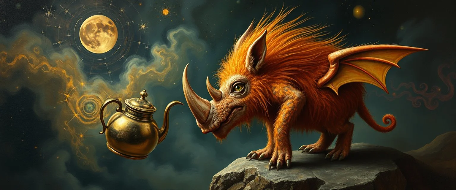fuzz sponge tube gremlin fox demon in the astral realm with a tea kettle rhino, painted by Rembrandt