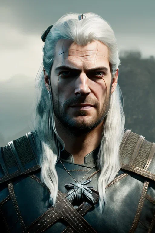 Henry cavil face, long white hair, wearing The witcher 3, realistic, 4k, intricate, best quality, fog particles, fire particles