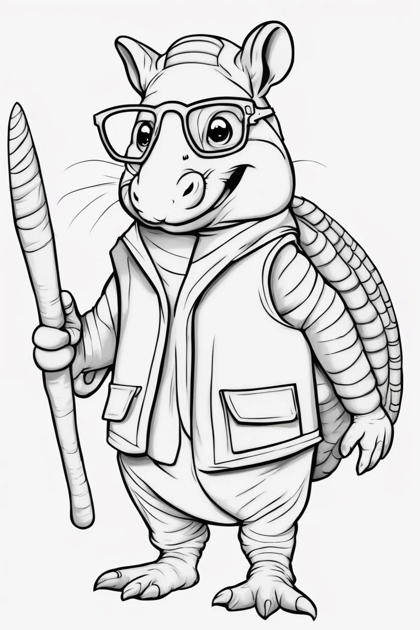 Outline art for cute coloring pages with armadillo with glasses, full body, white background, sketch style, only use outline, clean line art, no shadows and clear and well outlined.