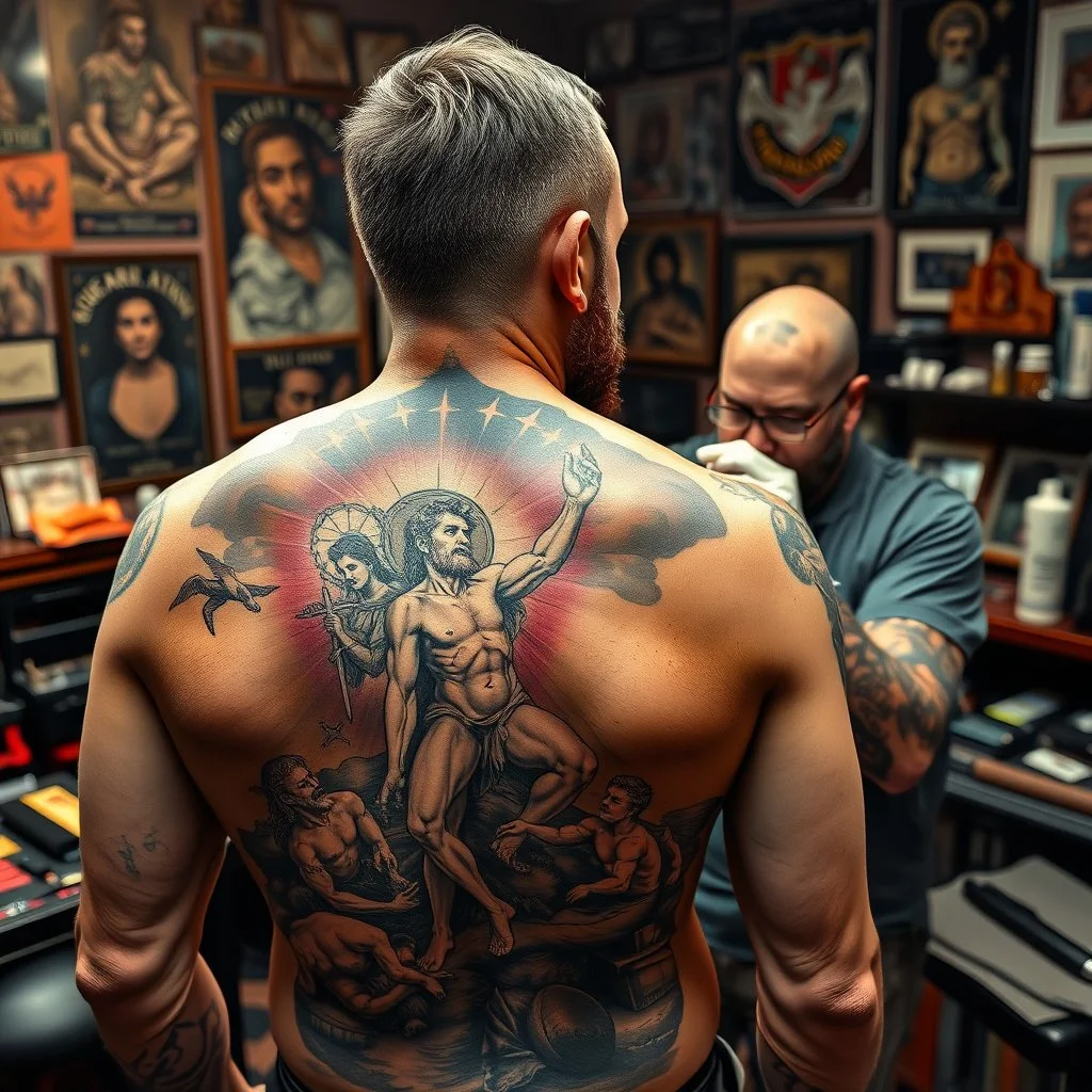 man with a full back tattoo of the Creation of Adam, background is a seedy tattoo parlor, tattoo artist who looks like Michelangelo is putting the finishing touches on the tattoo