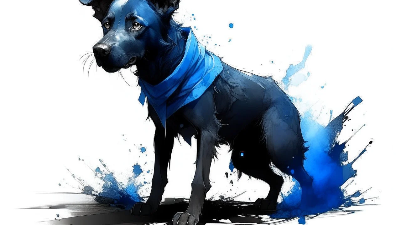 fantasy illustration: vicious black dog in blue torn pants