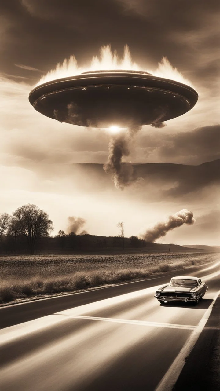 The image shows a sepia-toned photograph with a science fiction theme. Reflected in a side-view mirror, we see a classic car with passengers, driving on a desolate road. In the background, a large UFO hovers in the sky while multiple explosions erupt in the distance, sending up clouds of smoke and fire. The mirror's border frames this chaotic scene, juxtaposing a calm, seemingly oblivious drive with the dramatic events unfolding behind. The aged effect of the photo adds a layer of nostalgia to t