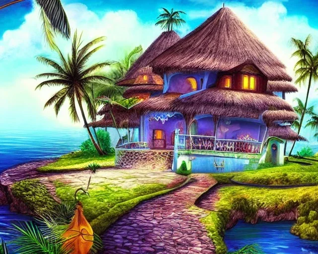 mystical house on a hot tropical island, fantasy art,