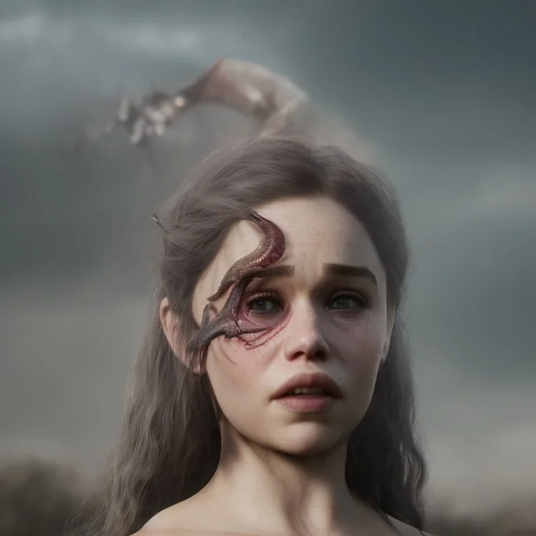 only perfect emilia clarke, wearing a dragon skull mask. fly hair, viking, village, highly realistic, highly detailed, mist around, smoke, particles, fog