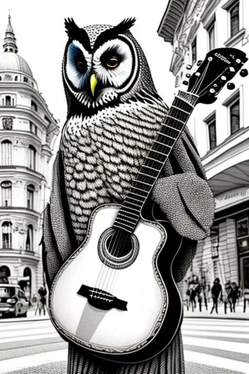 One single mature owl, playing guitar in the street , Vienna, friendly, sunny day, model style, hyper realistic, extremely accurate, delicate, extremely detailed, Graphic novel style, wide-angle, open aperture, superfine pencil