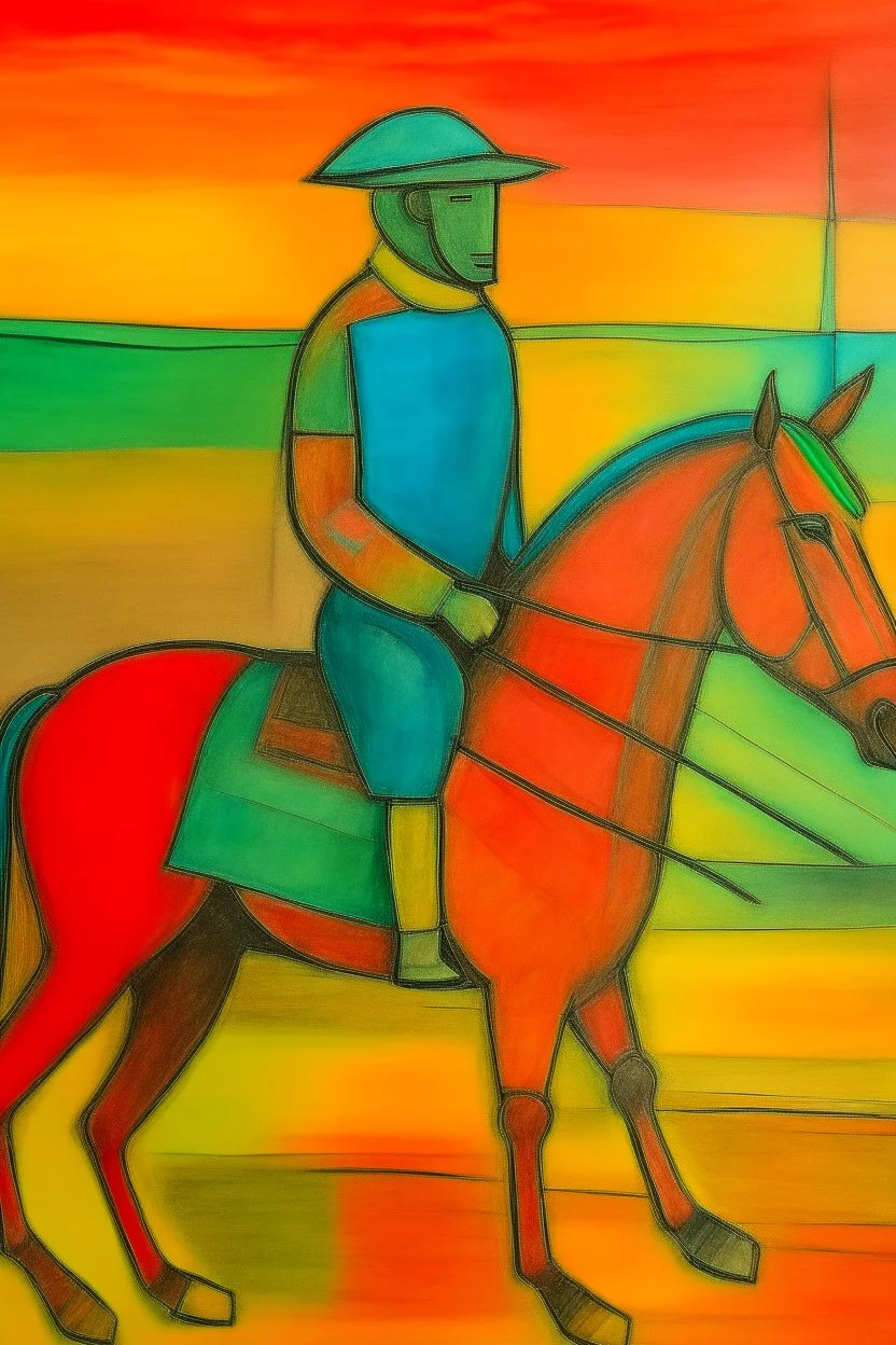 Man on horseback in the style of Paul Klee, Degas, pastel chalk with thin sketchy lines, vibrant colours, ink transfer
