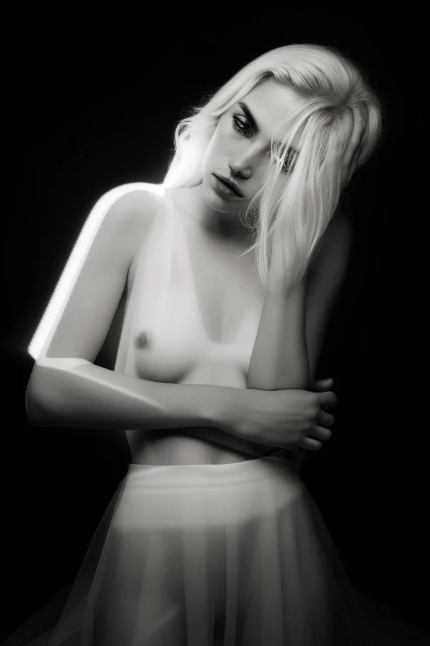Mujer rubia iluminada, retrato medio cuerpo, iluminada potentemente desde el lado derecho, blanco y negro vaporoso, al estilo del fotógrafo Hugo Alonso