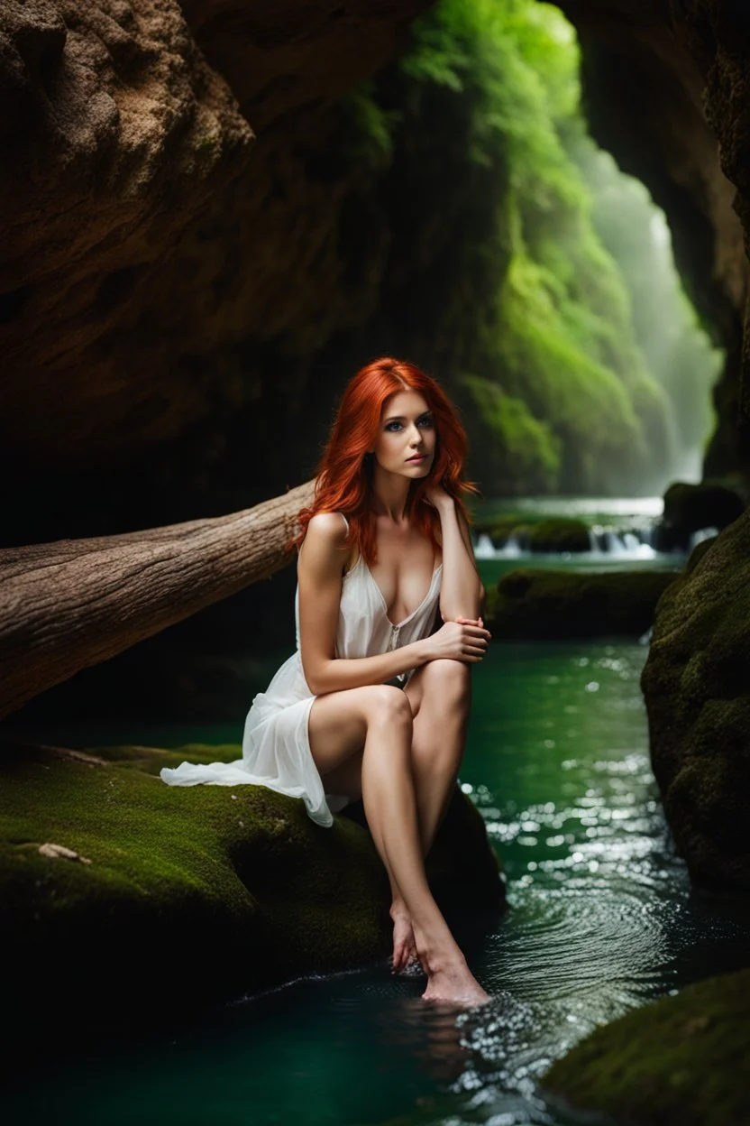 Close UP, delicate, cute, soft, skinny belly red haired Young lady, Green eyes , cave waterfall, medieval