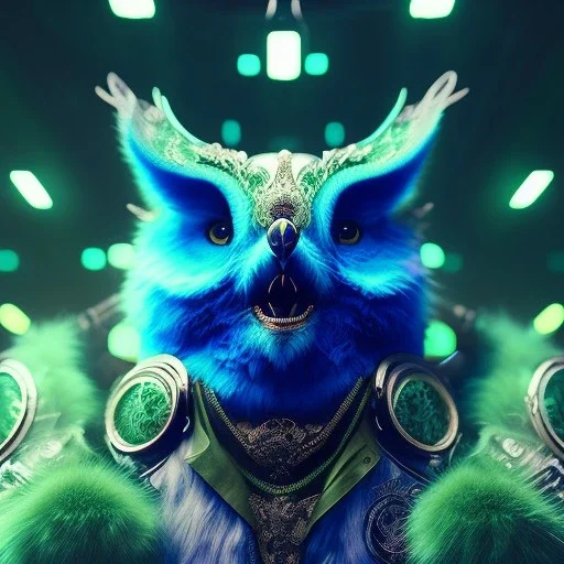 intricate details, realistic, octane, unreal engine, portrait, natural lighting,green diomand fur,insanely,nightclub lighting, elegant, blue neon wearing,neon lighting, detail, bokeh, fantasy art style, volumetric lighting, extreme detail, Photorealism, High detail, Hyper realistic Owl in forest, macro lens blur,abstract paint, sharp focus, 85mm, polaroid, cinematic, cinema4d, HDR, 8k