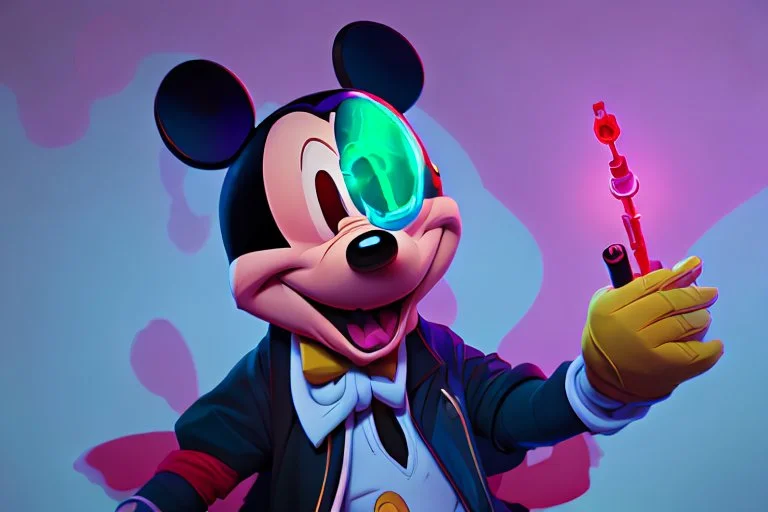 Mickey Mouse getting high with a hallucinating syringe of drugs.