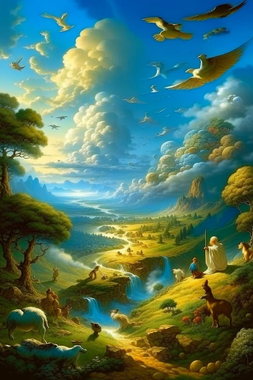 The creation of the world by God. In front of us is a valley with a beautiful landscape, where beautiful animals roam, beautiful birds fly in the sky, beautiful clouds and God in the clouds