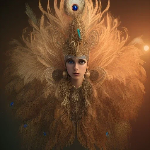 Mystery peacock feather mask, dramatique, art background, dramatic lighting, volumetric lighting, hyperrealisme, 8k, high quality, lot of details, fit within portrait