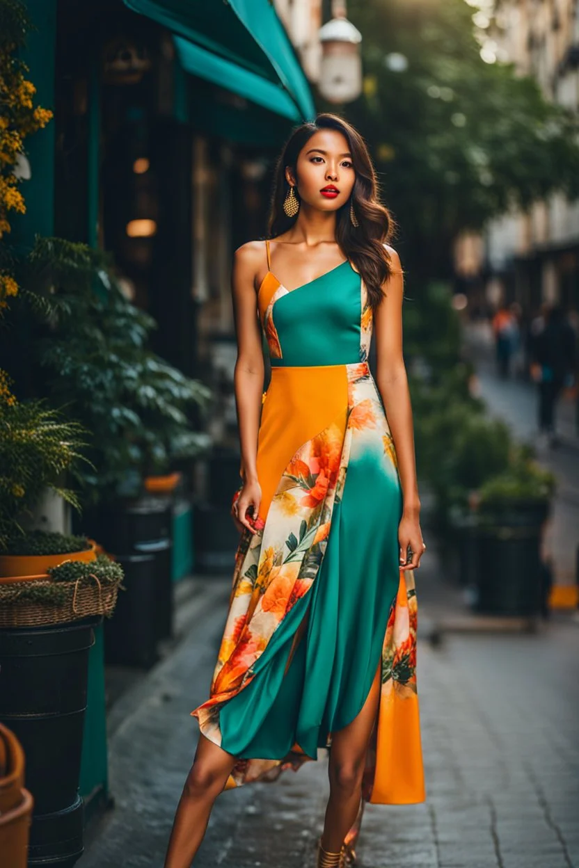 full body shot Young woman, 20 years old, wearing nice fashion dress walk in street,looking to camera soft sunlight accentuating the vibrant hues of her attire, high contrast, candid photo, natural light, ultra realistic