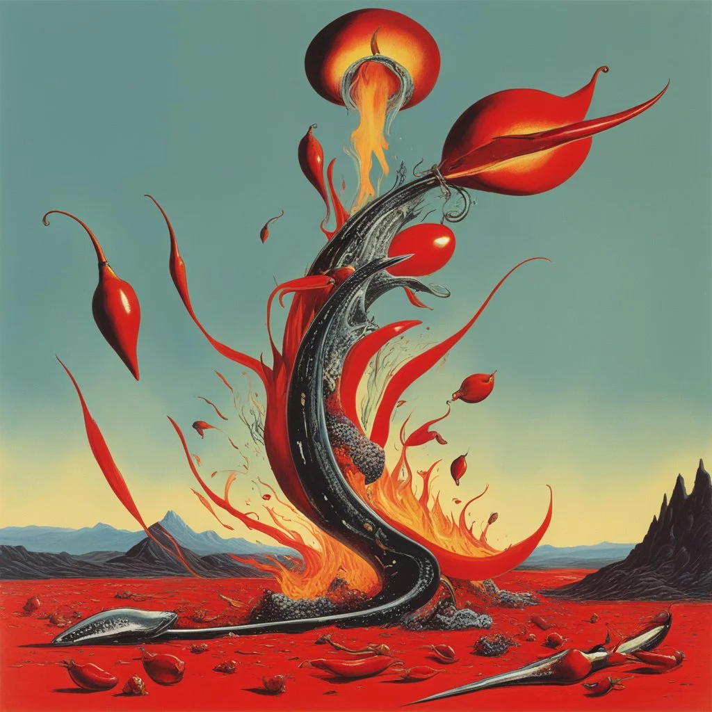 she's eaten so many chillies she's on fire [Humorous, quirky avant garde, Roger Dean futuristic neo-dada]