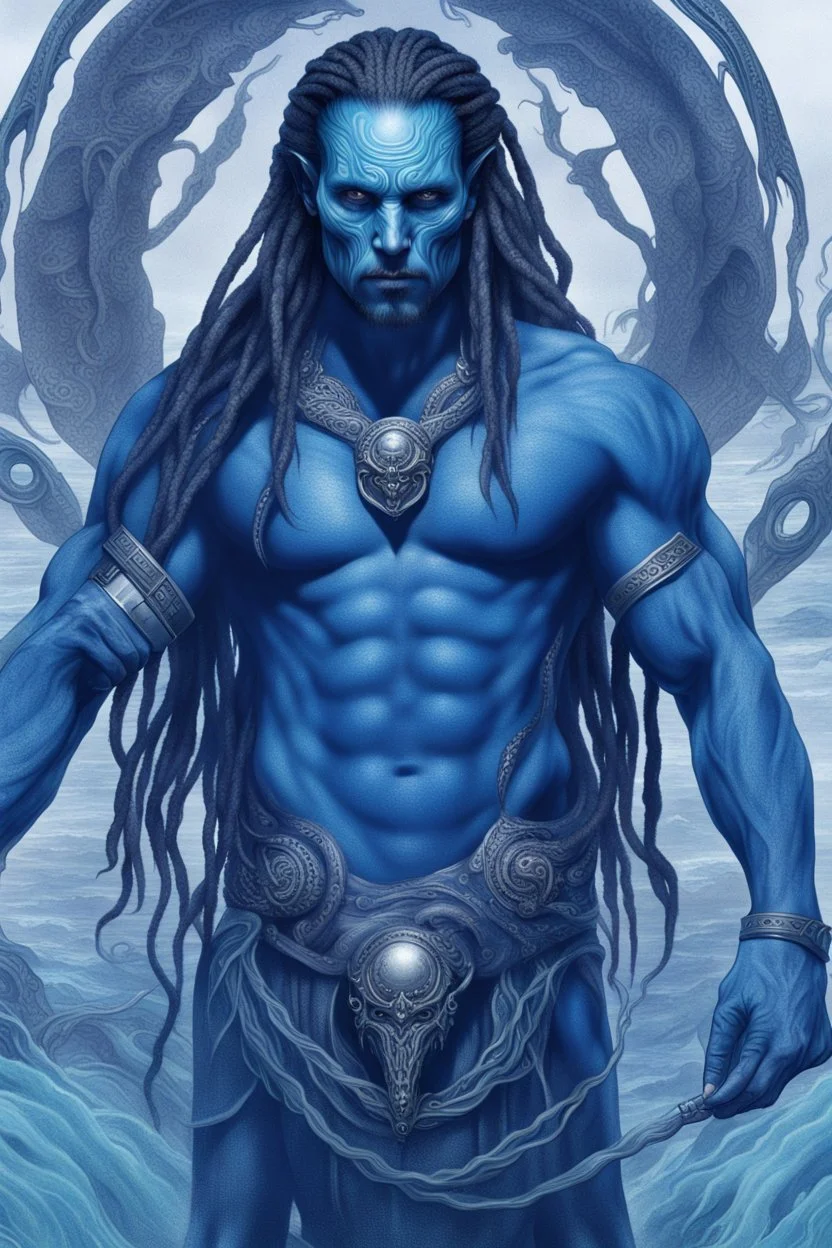 Christian bale as muscular blue skinned alien with long dreadlocks and tribal tattoos and silver whip ocean in the background realistic face, close-up, dark fantasy, smoke in the sky, intricate details, hyper detailed