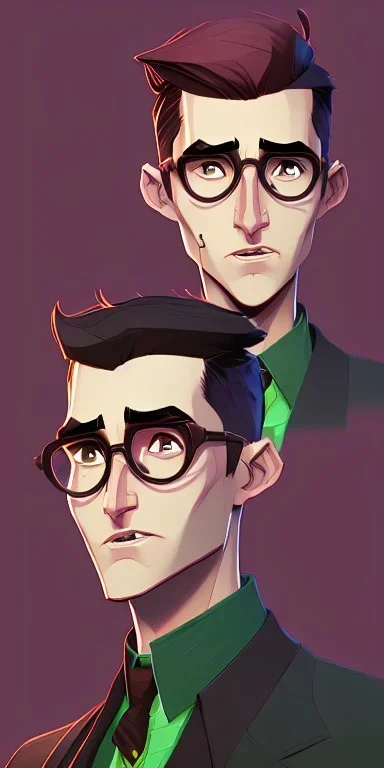 Fit man in round glasses, stubble,no beard, slim, tie, monotone, green eyes, comic book style, two tone colours, detailed, ink, realistic, handsome, square jaw, big brows, no jacket, bird on the shoulder, spotlight