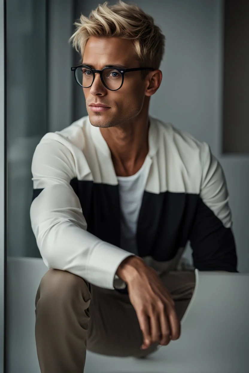 portrait of a 35 year old man very handsome with a sharp Jawline. lightly tanned skin. blonde hair cut short, clean shaven, wearing glasses