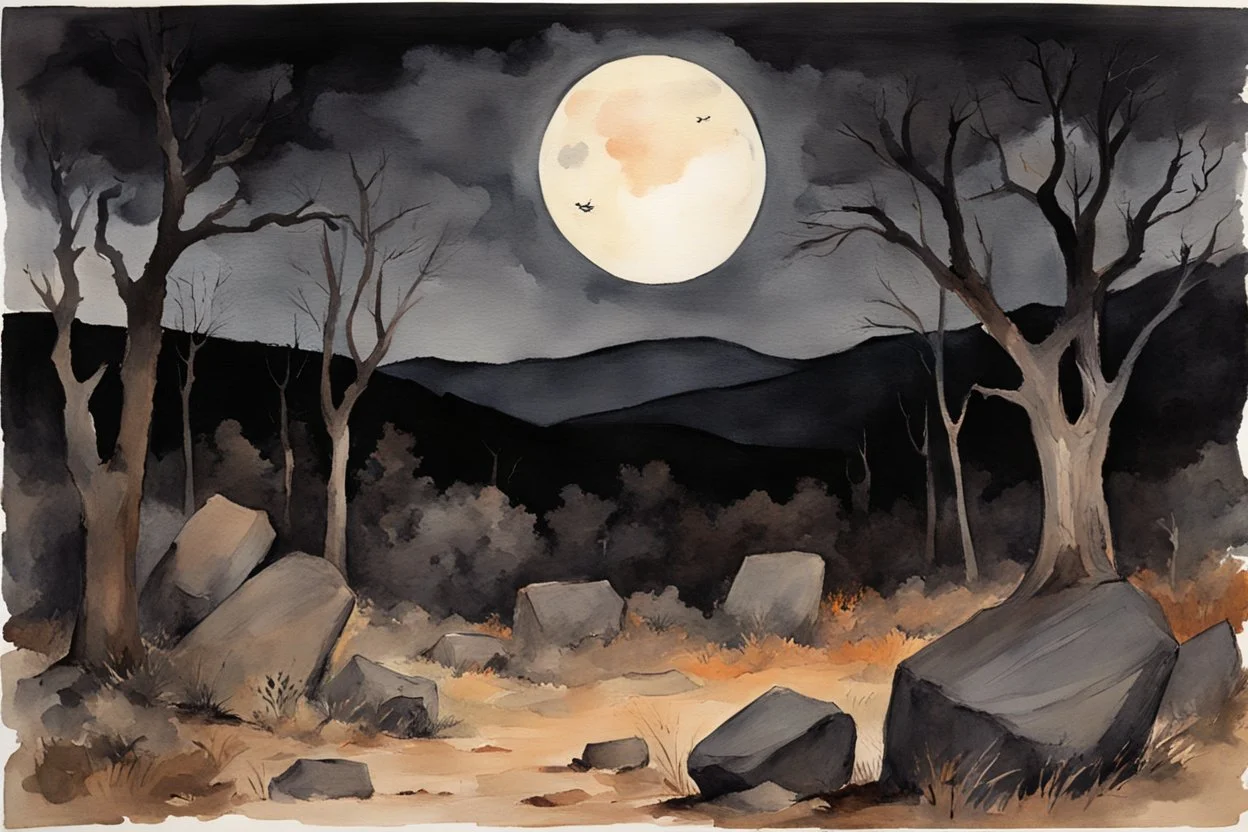 Night, mountains, rocks, dry trees, gothic horror films influence, winslow homer watercolor paintings