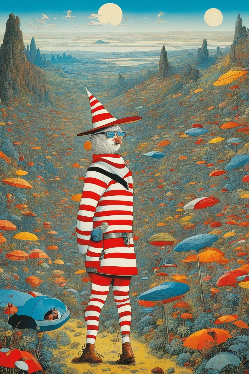 Humorous, quirky avant garde Beside Roger Dean futuristic, neo-dada: where's wally? where's wally? where's wally?