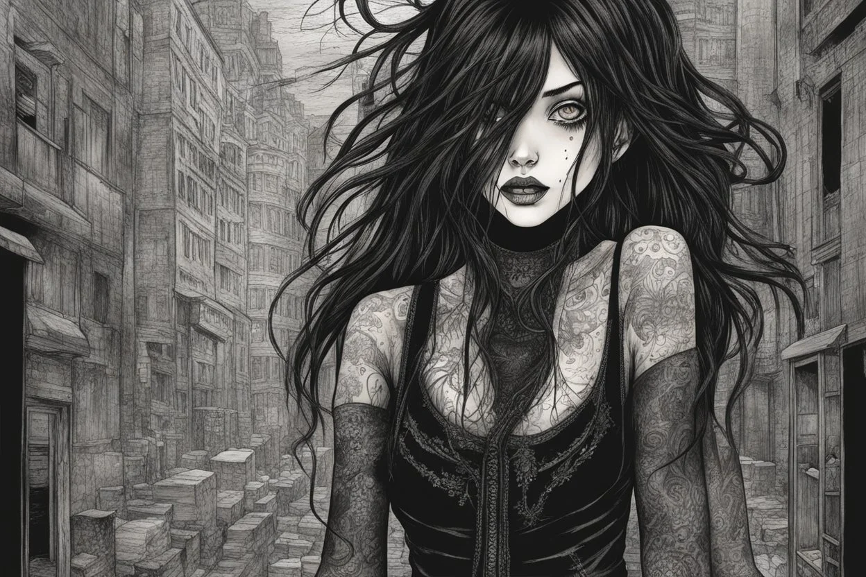 create a disturbing full body portrait horror illustration of a dark haired, savage, gothpunk vampire girl with highly detailed , sharply defined hair and facial features, in a dark, otherworldly London in the manga style of Junji Ito, precisely drawn, inked, with dramatic edges,