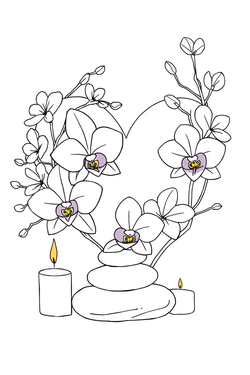 outline art for visually rich appealing heart shape orchids plumeria rounded stones candles, ikebana style, coloring page for kids, white background, fit to page, only use outline, clean line art, no shadows, clear and well outlined