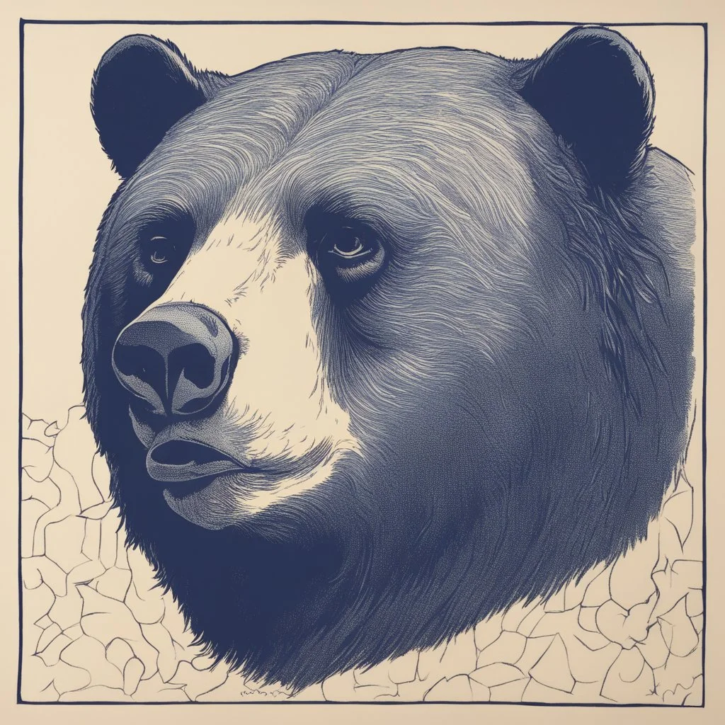 sideview of bear head, 70s comics style, block print with indigo ink on creamy paper texture, strong contrast