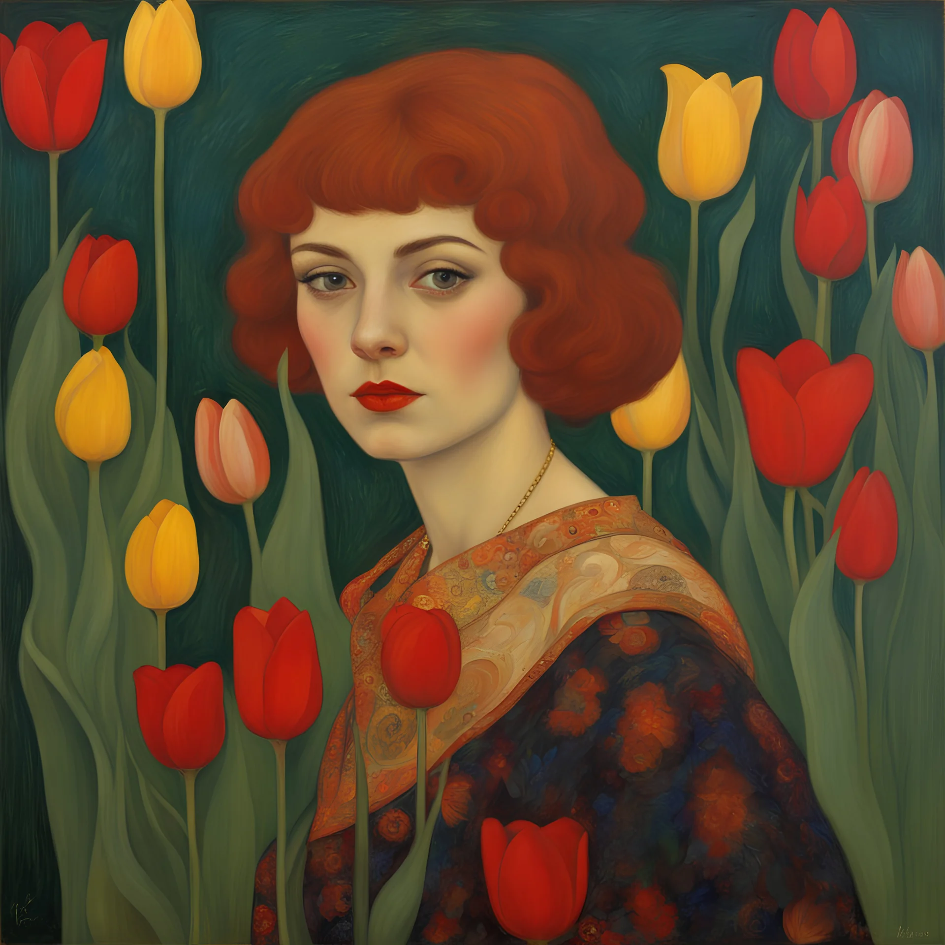 A portrait of a pretty young soviet union woman with tulips painted by Klimt