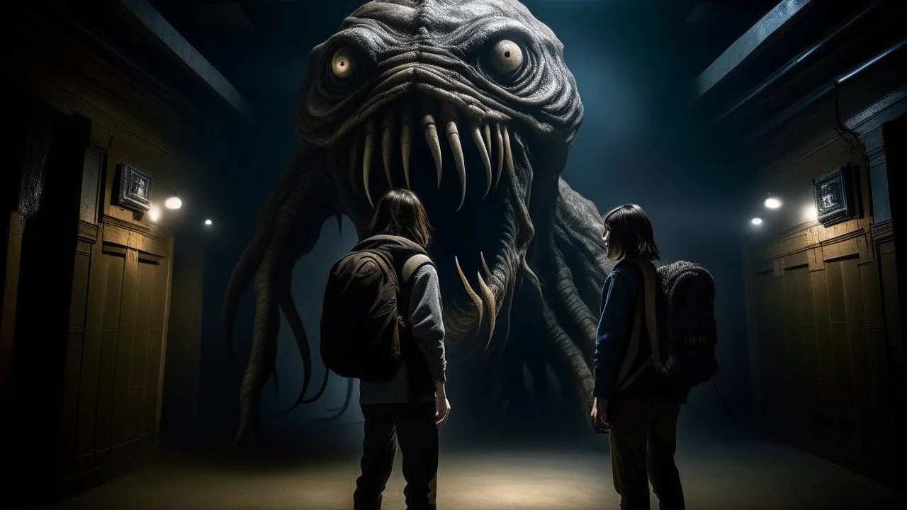 شخص واقف امام وحش مخيف للسفر عبر الزمن الشخص ينضر الا الوحش المخيف ولجو مخيف ومضلم