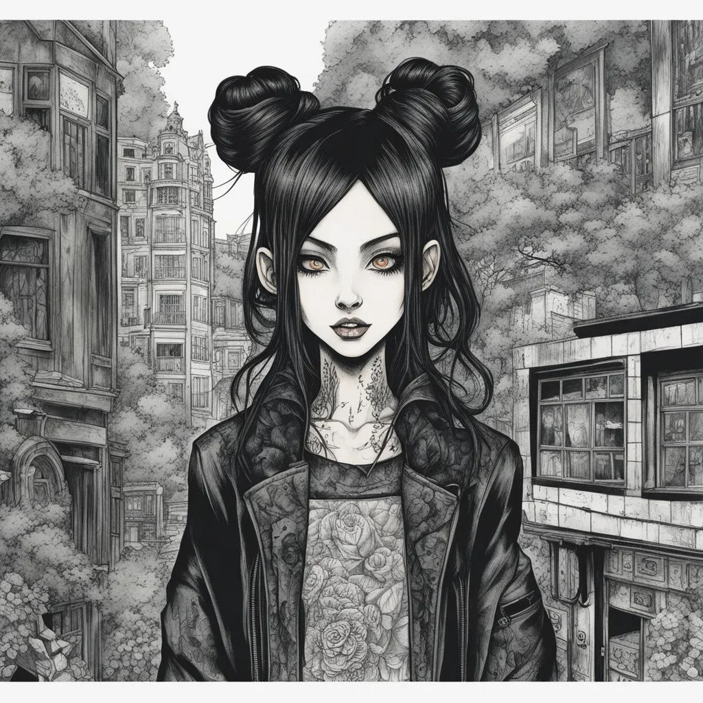 create a full body portrait illustration of a dark haired vampire gothpunk girl with highly detailed , sharply defined feminine facial features, in a chaotic, turbulent, otherworldly London in the anime style of Junji Ito, precisely drawn, inked, with dramatic edges,